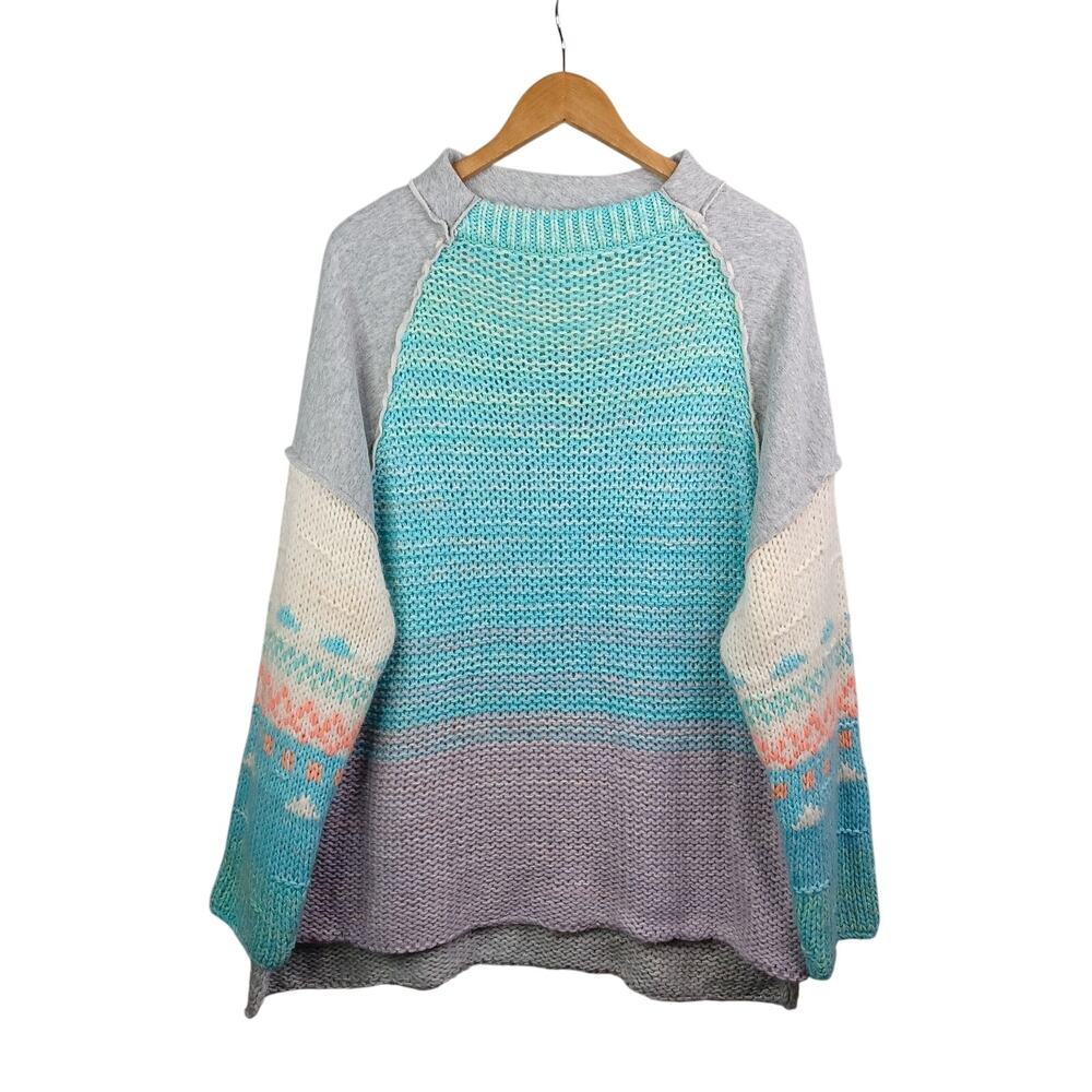 Free People Ombre Aqua & Gray Crewneck Sweater